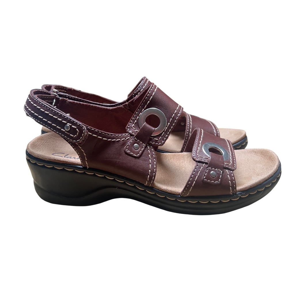 Clarks Lexi Birch Brown Leather Wedge Sandals Bendables Strappy Womens 7.5 NEW